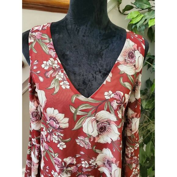 Forever21 Women's Red Polyester V-Neck Cold Shoulder Sleeve Knee Length Dress S - Picture 6 of 11